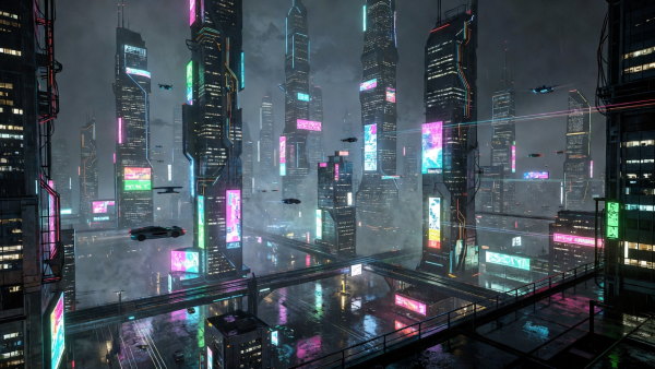 Cyberpunk Metropolis Skyline View