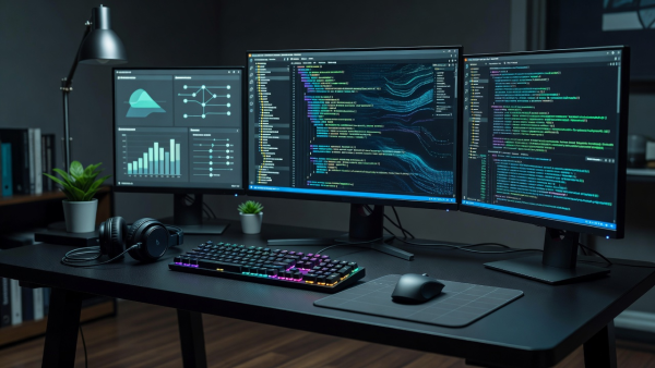 Developer Coding Interface Setup and Engine Visual Scripting Monitor