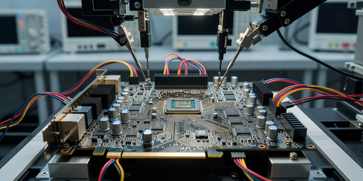 GPU Graphic Card Circuit Board Close Up Laboratory Testing Setup